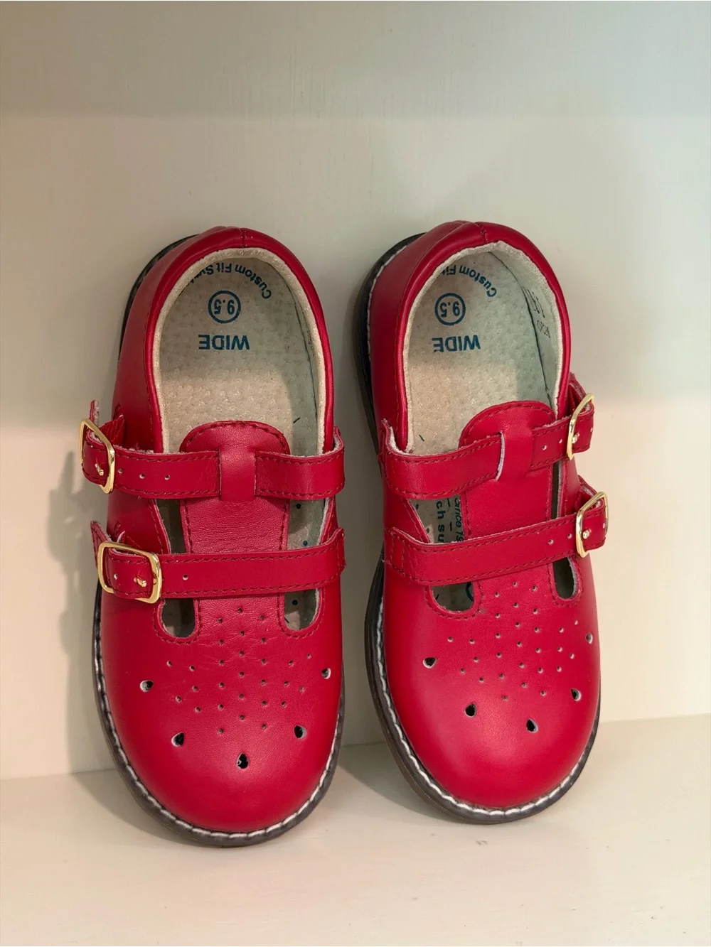 Footmates 9.5 Wide kids Red Leather Mary Jane Shoes with gold Double Buckles